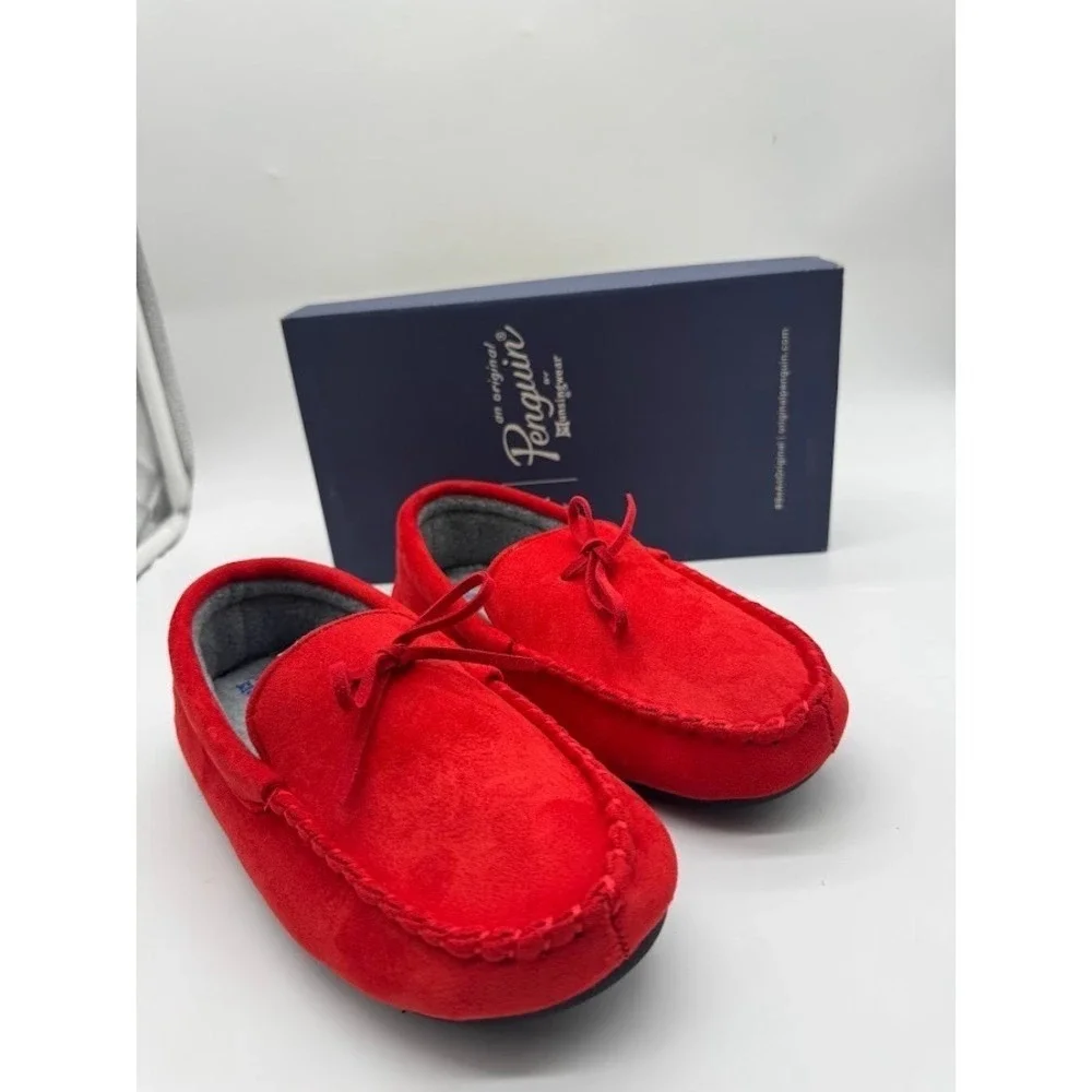 Original Penguin Kids Red Moccasin Slippers Fleece‎ Lined House Shoes Size 4
